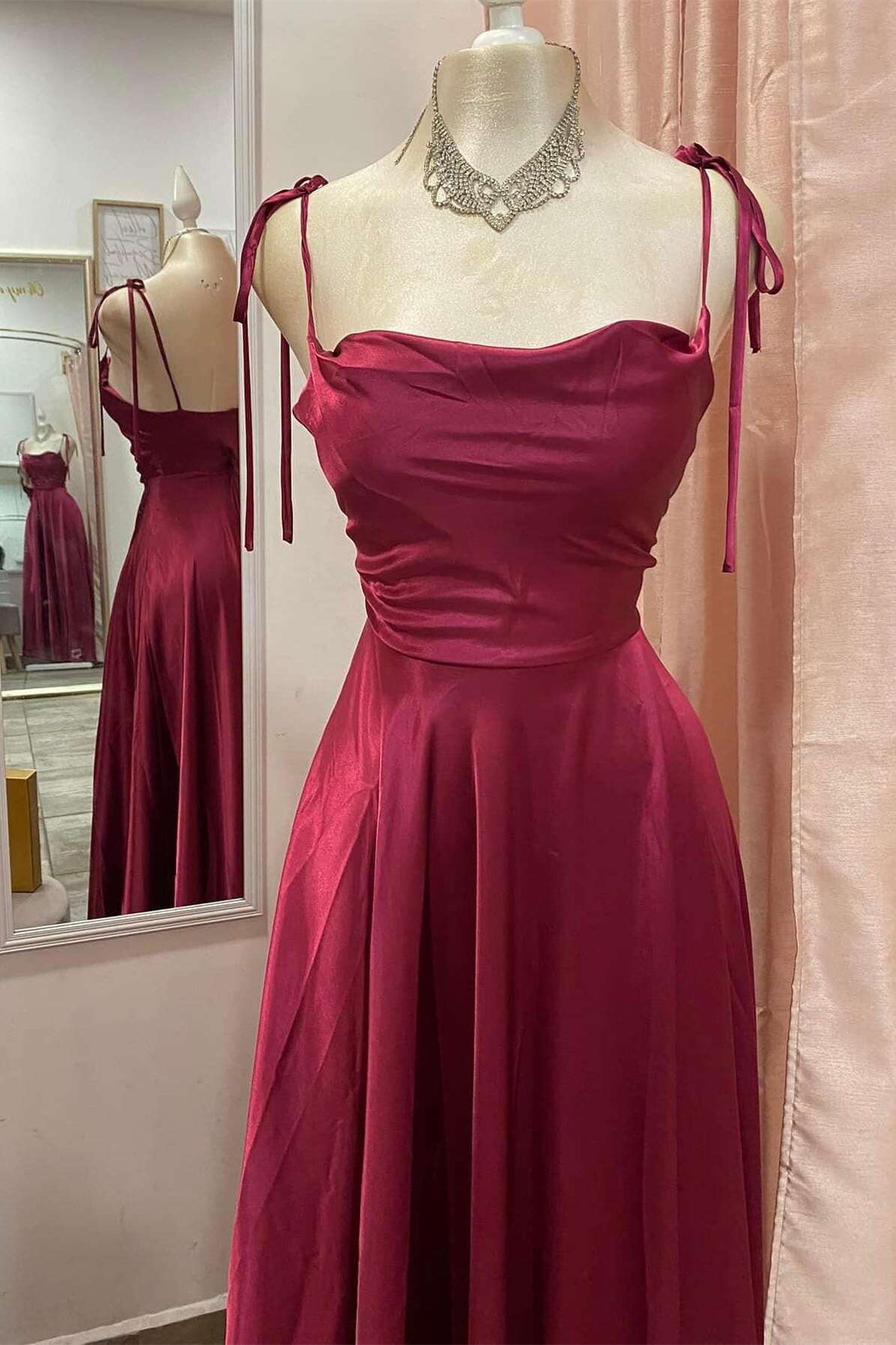 Vestido Weitese con lazo en los hombros, corte A, de satén burdeos, vestido largo para fiesta